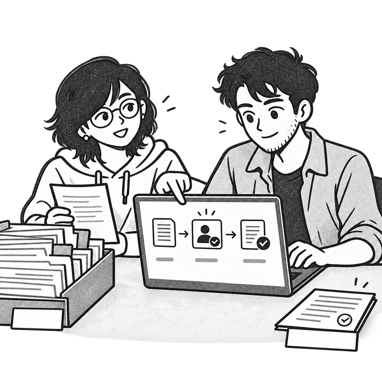 团队梳理资料、人工确认与交付流程的插画