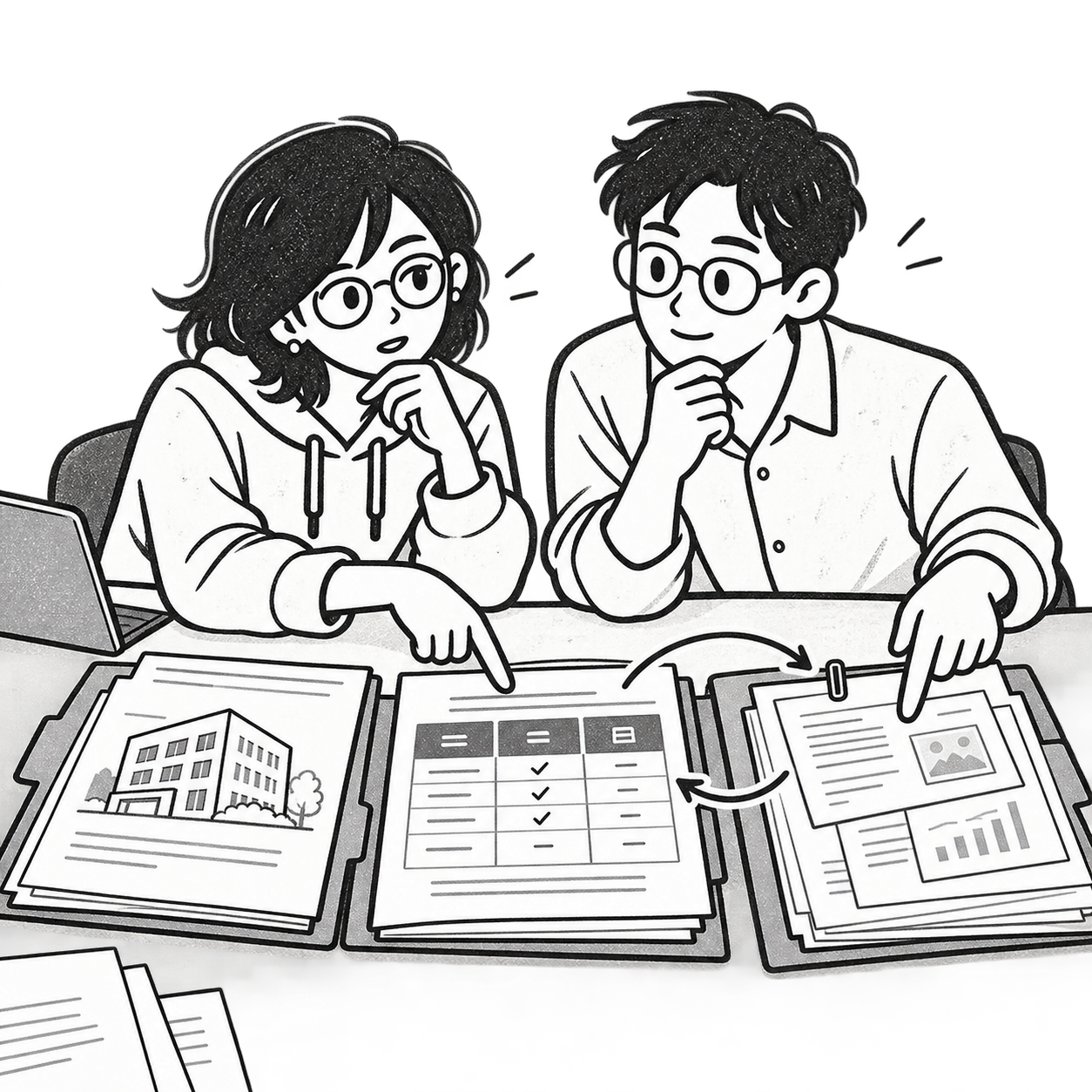 一起比较方案并查阅来源材料的插画